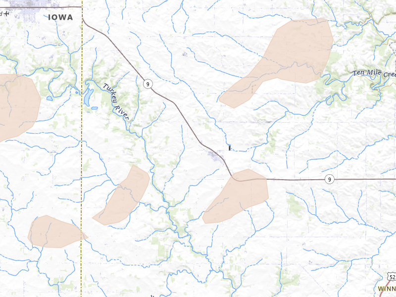 Radar-estimated hail-size map of the storm over Ridgeway, IA on Apr 27, 2026