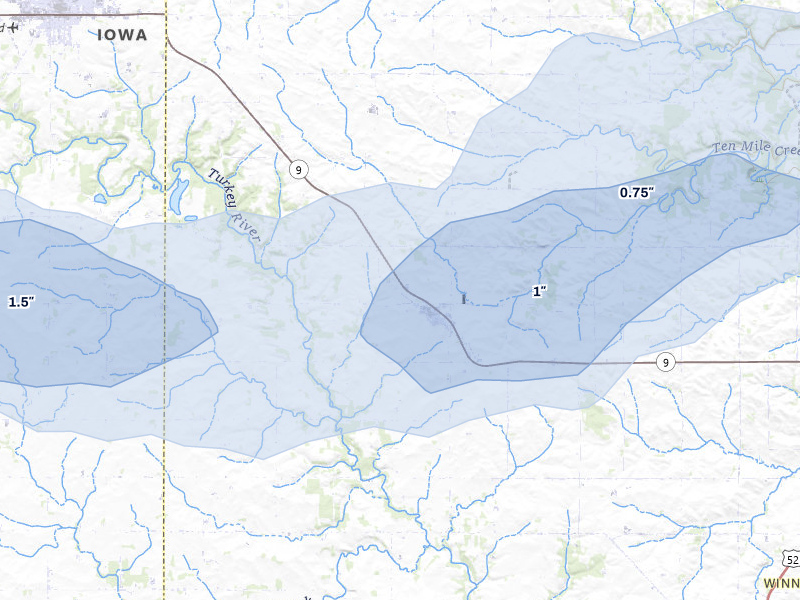 NEXRAD radar-signature map of the hail over Ridgeway, IA