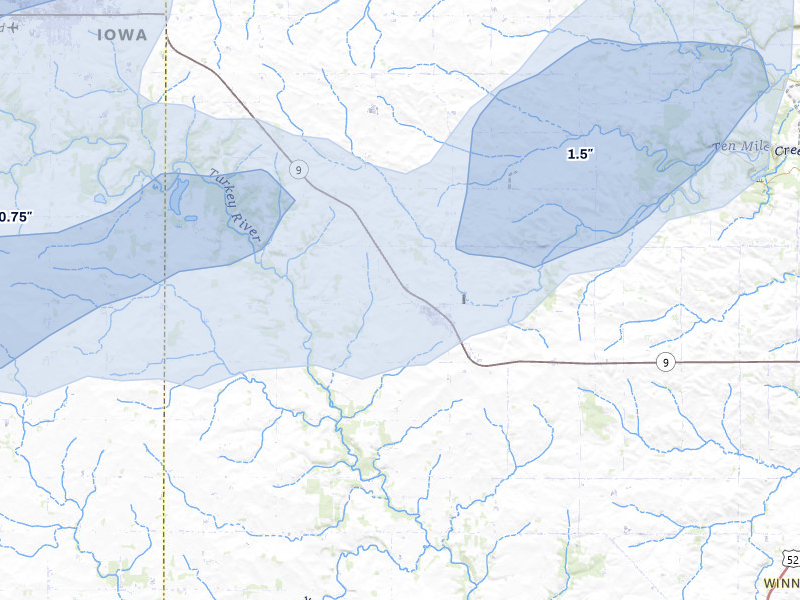 NEXRAD radar-signature map of the hail over Ridgeway, IA