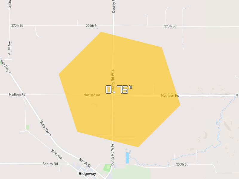 Hail map of Ridgeway, IA on Jul 1, 2026, hail up to 0.75"