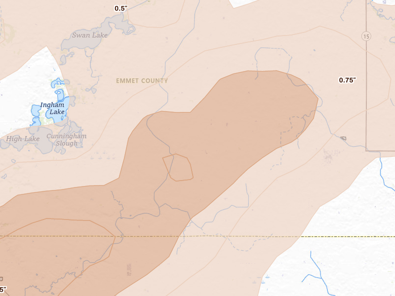 Radar-estimated hail-size map of the storm over Ringsted, IA on Apr 13, 2026
