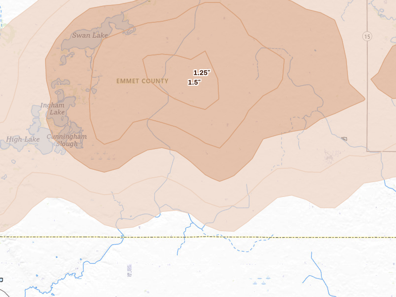 Radar-estimated hail-size map of the storm over Ringsted, IA on May 15, 2026