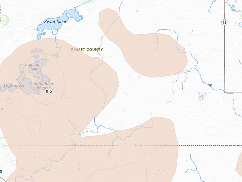 Radar-estimated hail-size map of the storm over Ringsted, IA on Jun 28, 2026