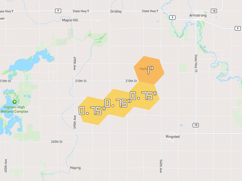 Hail map of Ringsted, IA on Jun 30, 2026, hail up to 1"
