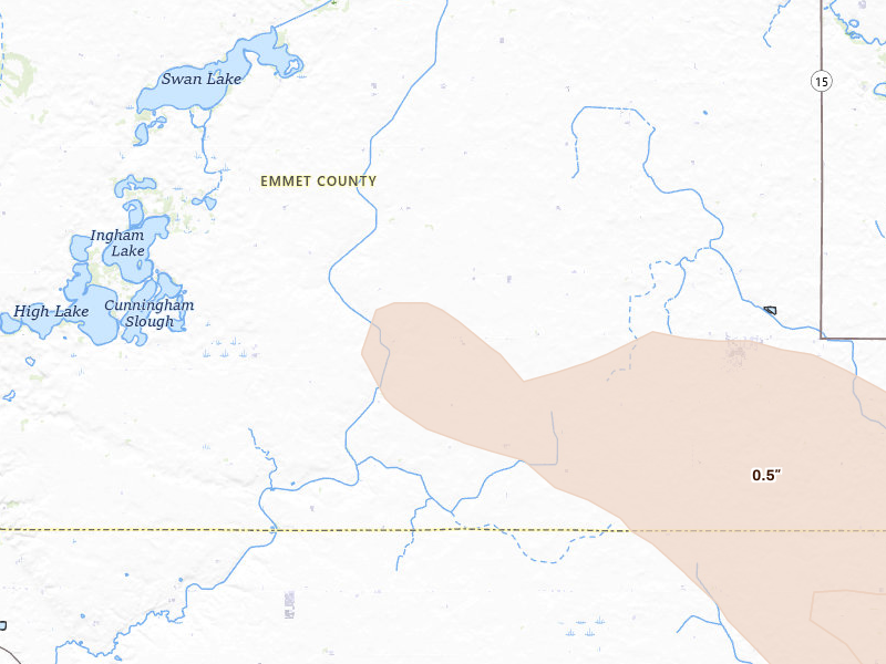 Radar-estimated hail-size map of the storm over Ringsted, IA on Jul 20, 2026