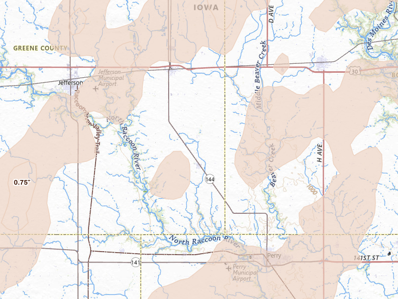 Radar-estimated hail-size map of the storm over Rippey, IA on Apr 23, 2026