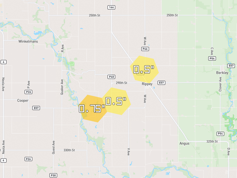 Hail map of Rippey, IA on Jul 4, 2026, hail up to 0.75"