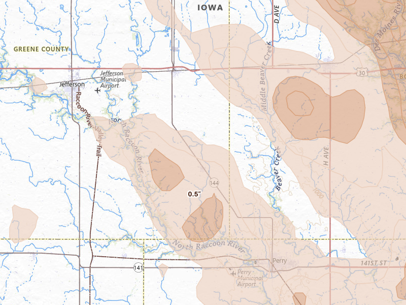 Radar-estimated hail-size map of the storm over Rippey, IA on Jul 20, 2026