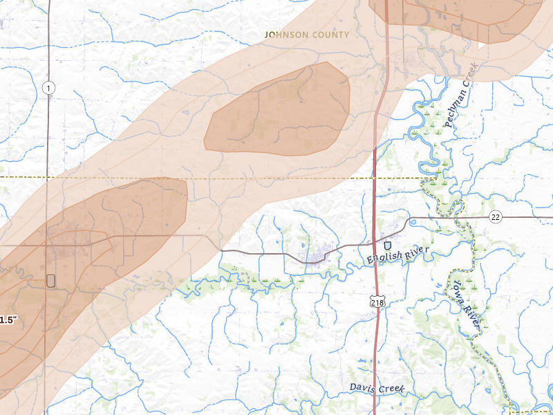 Radar-estimated hail-size map of the storm over Riverside, IA on Apr 2, 2026
