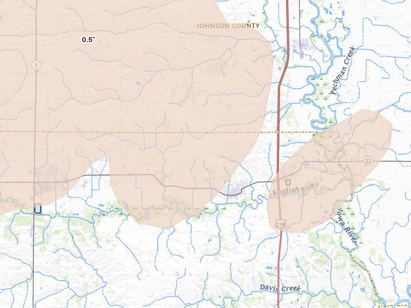 Radar-estimated hail-size map of the storm over Riverside, IA on Jun 17, 2026