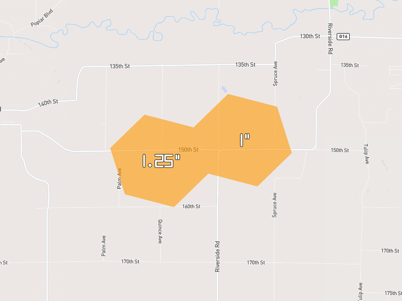 Hail map of Riverside, IA on Jul 3, 2026, hail up to 1.25"