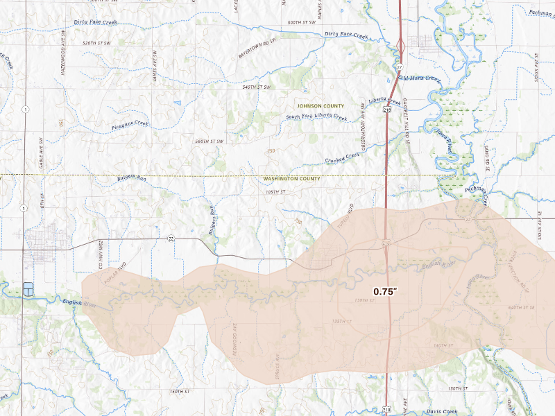 Radar-estimated hail-size map of the storm over Riverside, IA on Sep 16, 2026