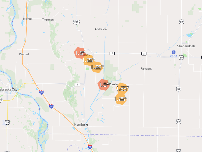 Hail map of Riverton, IA on Jul 4, 2026, hail up to 1.5"