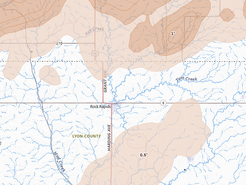 Radar-estimated hail-size map of the storm over Rock Rapids, IA on May 17, 2026