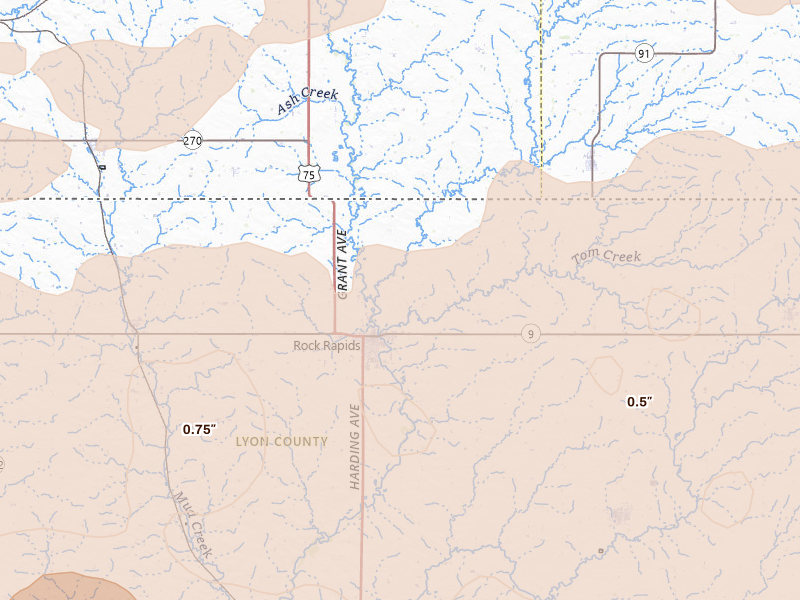 Radar-estimated hail-size map of the storm over Rock Rapids, IA on Jun 27, 2026