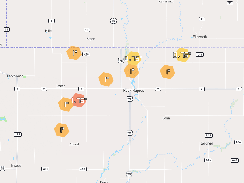 Hail map of Rock Rapids, IA on Jun 30, 2026, hail up to 1.75"