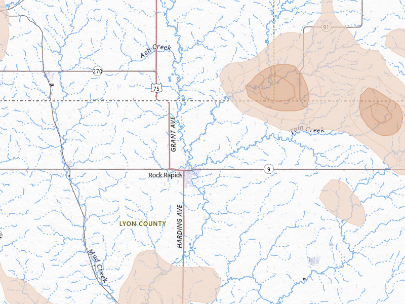 Radar-estimated hail-size map of the storm over Rock Rapids, IA on Jul 4, 2026