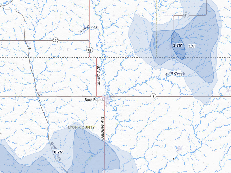 NEXRAD radar-signature map of the hail over Rock Rapids, IA