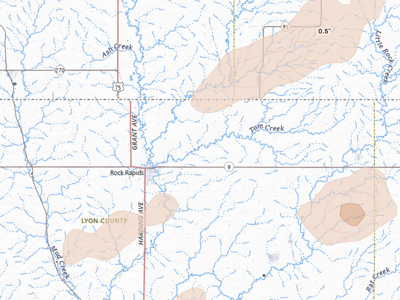 Radar-estimated hail-size map of the storm over Rock Rapids, IA on Aug 3, 2026
