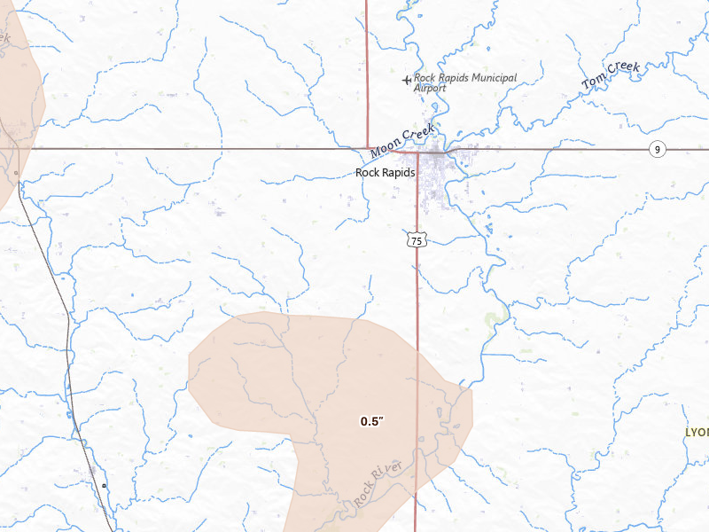 Radar-estimated hail-size map of the storm over Rock Rapids, IA on Aug 28, 2026