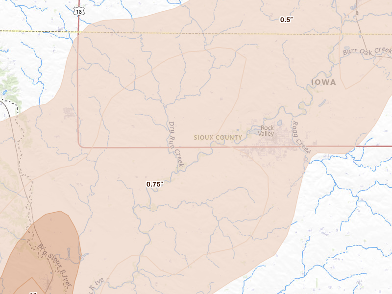 Radar-estimated hail-size map of the storm over Rock Valley, IA on May 17, 2026