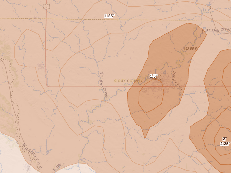 Radar-estimated hail-size map of the storm over Rock Valley, IA on Jun 27, 2026