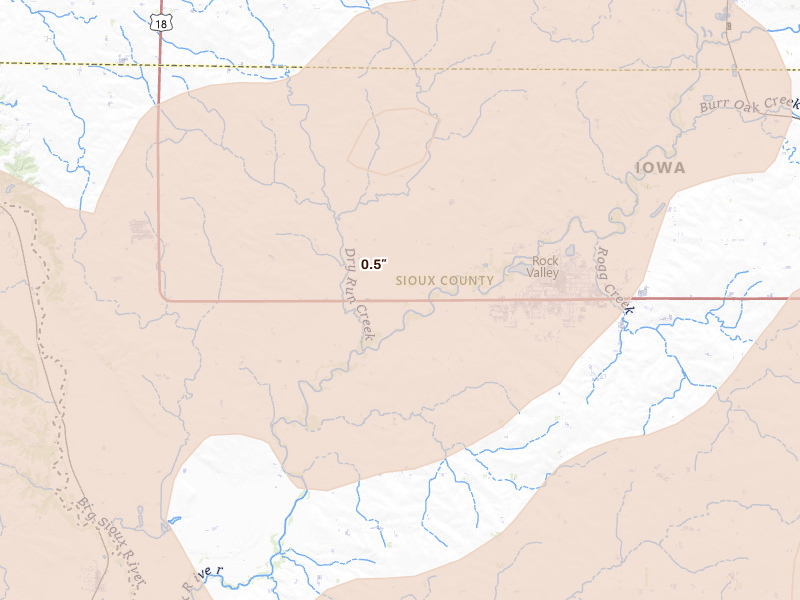 Radar-estimated hail-size map of the storm over Rock Valley, IA on Jun 29, 2026