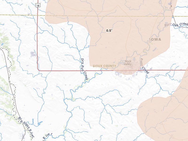 Radar-estimated hail-size map of the storm over Rock Valley, IA on Jun 30, 2026