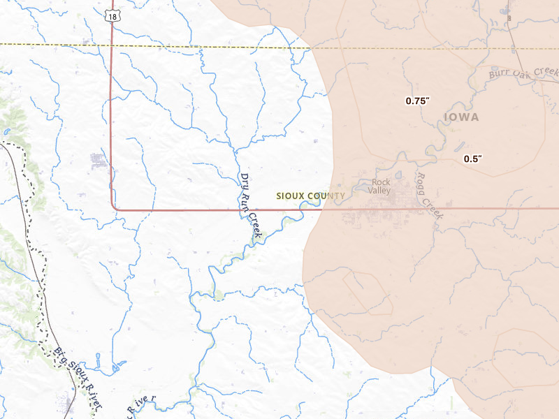 Radar-estimated hail-size map of the storm over Rock Valley, IA on Jul 4, 2026