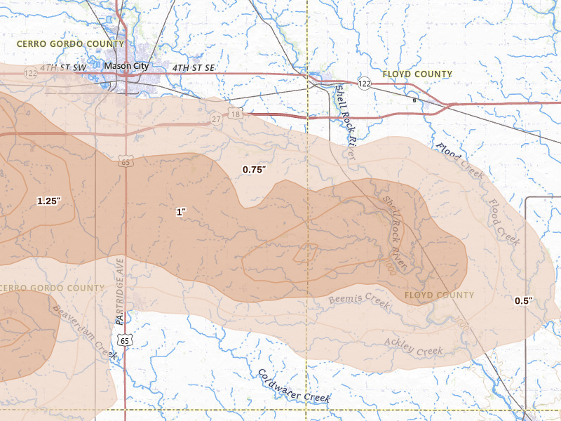 Radar-estimated hail-size map of the storm over Rockford, IA on May 15, 2026