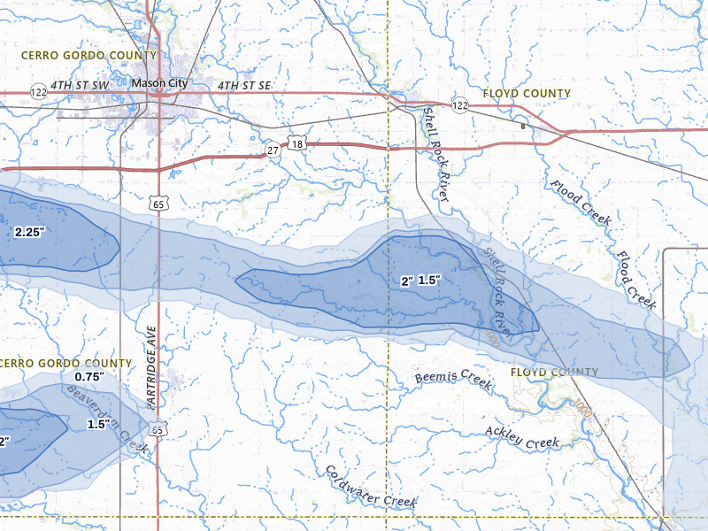 NEXRAD radar-signature map of the hail storm over Rockford, IA on May 15, 2026