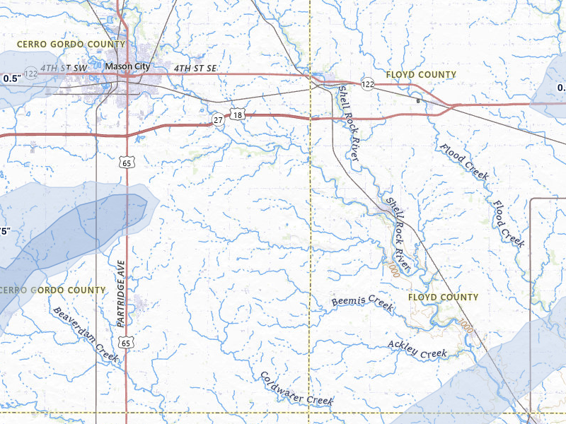 NEXRAD radar-signature map of the hail storm over Rockford, IA on Jul 1, 2026
