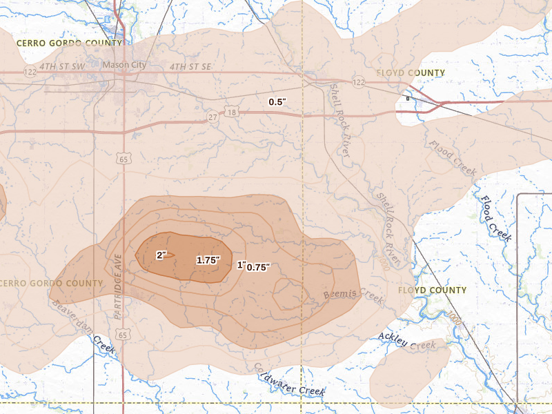 Radar-estimated hail-size map of the storm over Rockford, IA on Jul 2, 2026