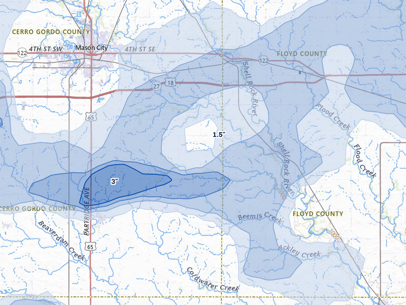 NEXRAD radar-signature map of the hail over Rockford, IA