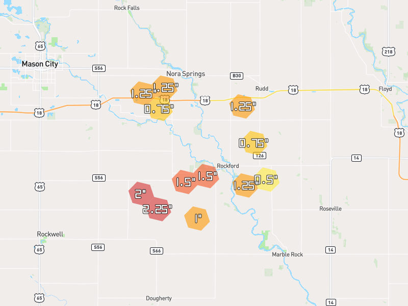 Hail map of Rockford, IA on Jul 2, 2026, hail up to 2.25"