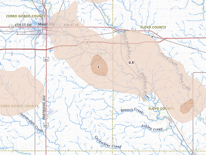 Radar-estimated hail-size map of the storm over Rockford, IA on Jul 8, 2026