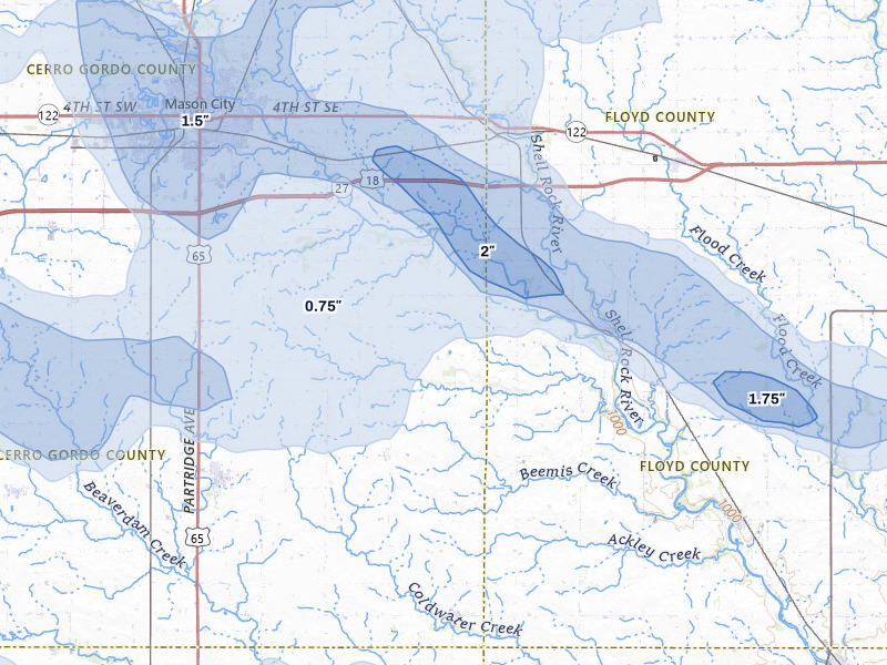 NEXRAD radar-signature map of the hail storm over Rockford, IA on Jul 8, 2026