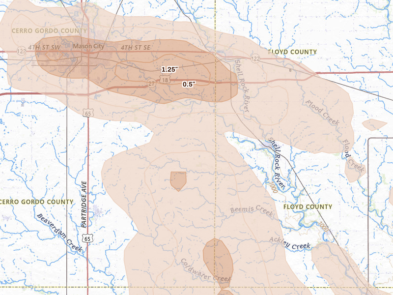 Radar-estimated hail-size map of the storm over Rockford, IA on Jul 20, 2026