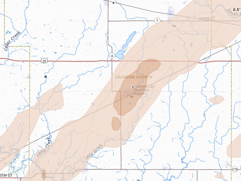 Radar-estimated hail-size map of the storm over Rockwell City, IA on Apr 23, 2026