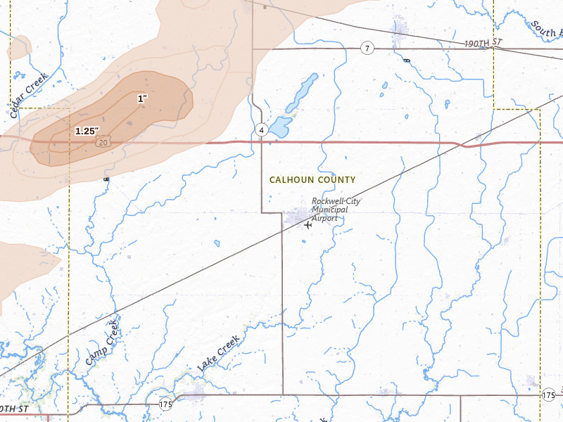 Radar-estimated hail-size map of the storm over Rockwell City, IA on May 15, 2026