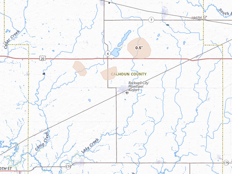 Radar-estimated hail-size map of the storm over Rockwell City, IA on May 17, 2026