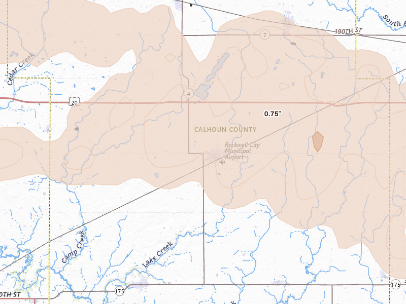 Radar-estimated hail-size map of the storm over Rockwell City, IA on Jun 16, 2026