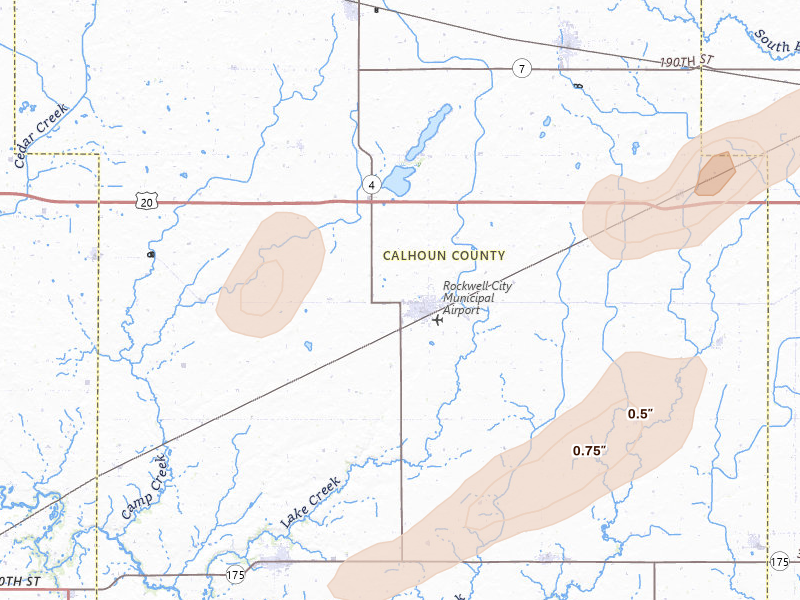 Radar-estimated hail-size map of the storm over Rockwell City, IA on Jul 2, 2026
