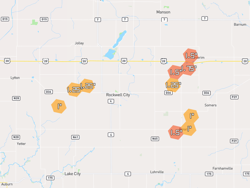 Hail map of Rockwell City, IA on Jul 2, 2026, hail up to 1.75"