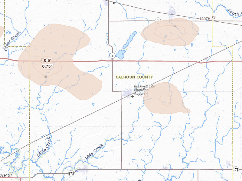Radar-estimated hail-size map of the storm over Rockwell City, IA on Jul 8, 2026