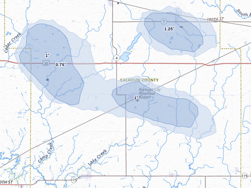 NEXRAD radar-signature map of the hail storm over Rockwell City, IA on Jul 8, 2026
