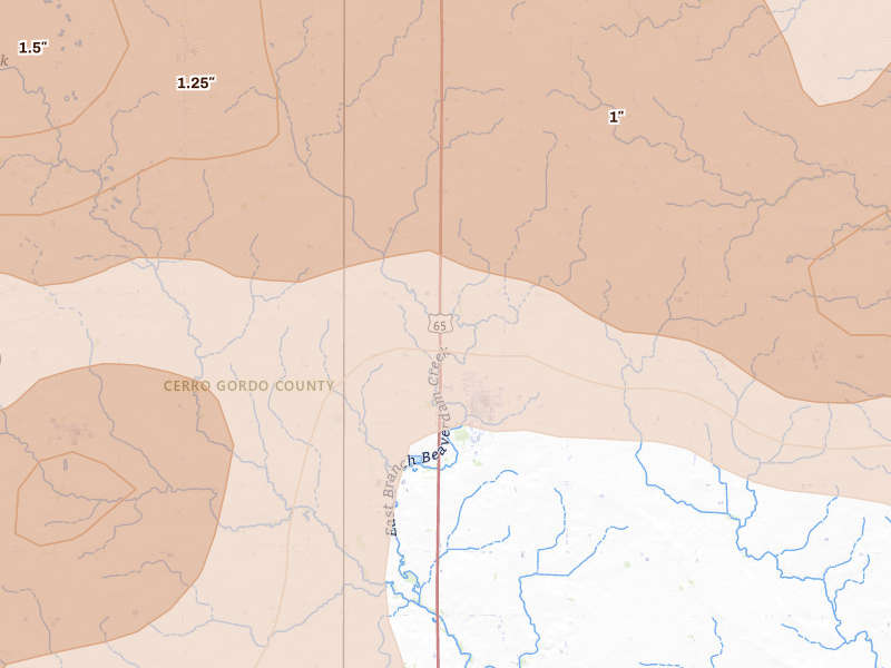 Radar-estimated hail-size map of the storm over Rockwell, IA on May 15, 2026