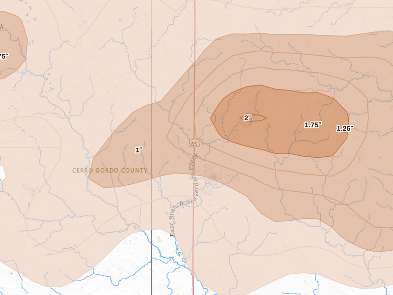Radar-estimated hail-size map of the storm over Rockwell, IA on Jul 2, 2026