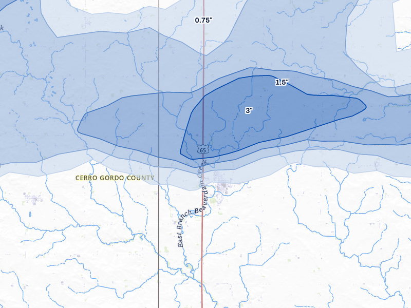 NEXRAD radar-signature map of the hail over Rockwell, IA
