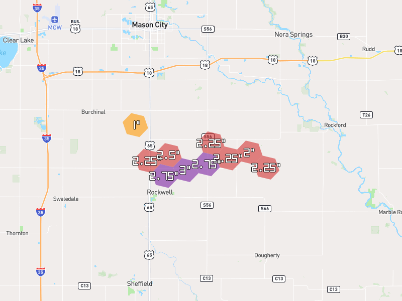 Hail map of Rockwell, IA on Jul 2, 2026, hail up to 3"